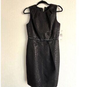 NWT Carmen Marc Valvo Black Brocade Beaded Waist Cocktail Sheath Dress